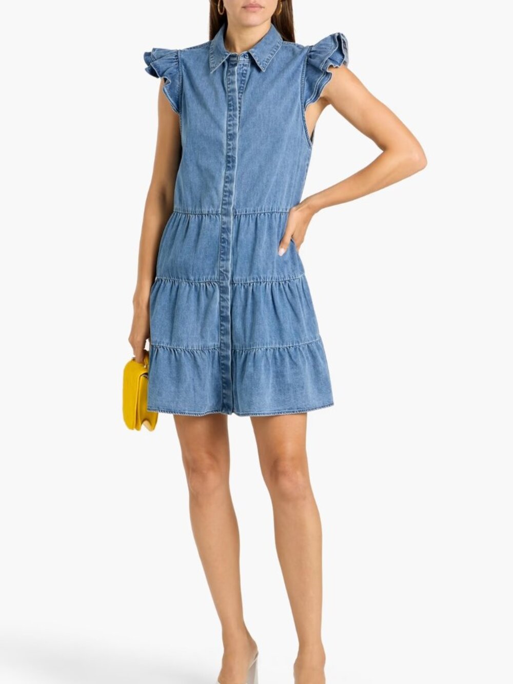 NWT Alice + Olivia Jem Cap Sleeve Tiered Denim Mini Dress Size S